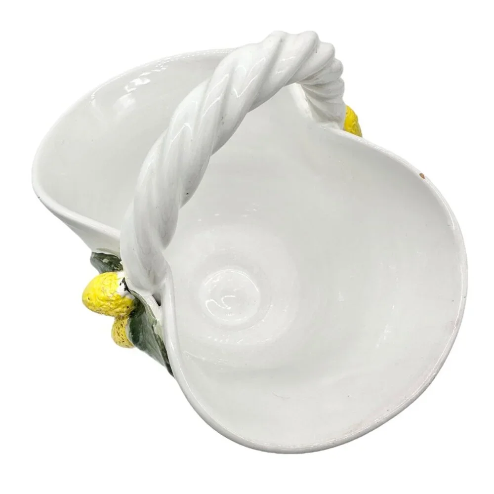 Handmade Ceramic Pottery Basket White with Lemon Leaf Design Vallauris France